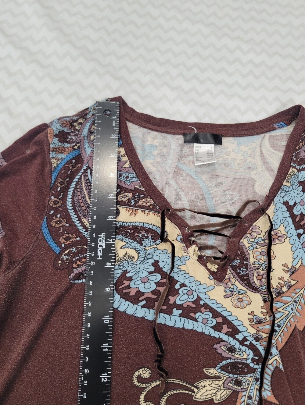Women’s Lace-Up V-Neck Paisley Tunic Top - Brown/Blue With Cuffed Sleeves Sz - Picture 5 of 10